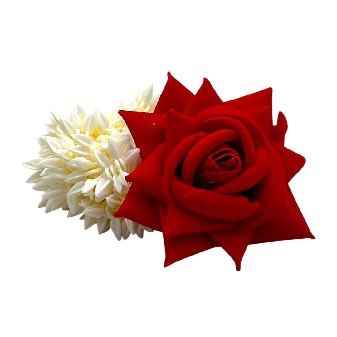 Artificial Gajra/ Red Rose with White Mogra/ Elegant Traditional Hair Accessory- (KB)- 9351235058405