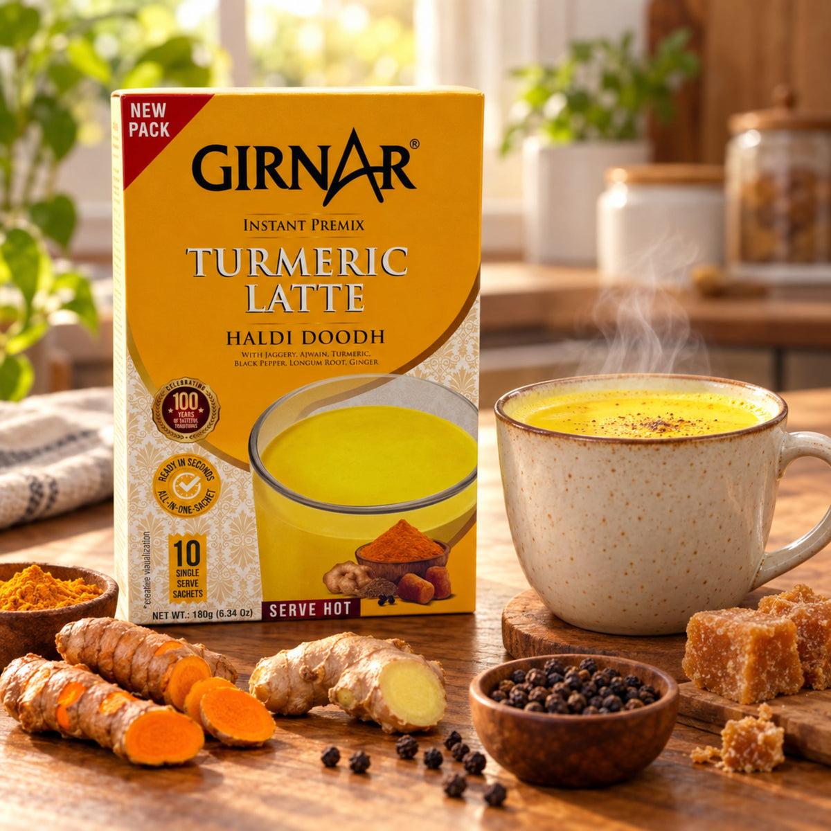 Girnar Haldi Doodh | Turmeric Latte | Instant Premix | 10 Single Serve Sachets 18g x 10= 180g