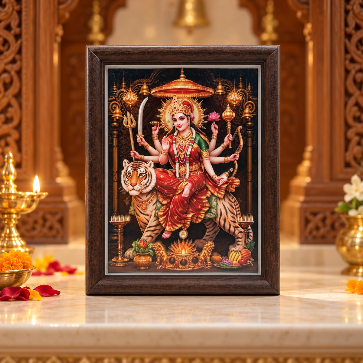 Durga Mata 3D-Style Devotional Photo Frame with Tiger – Brown Wooden-Style Frame | Goddess Durga Religious Prayer Room & Home Décor | Size: 8" (170 × 220mm) | Model No. ZXA-SXBM-01 | 9351235062631