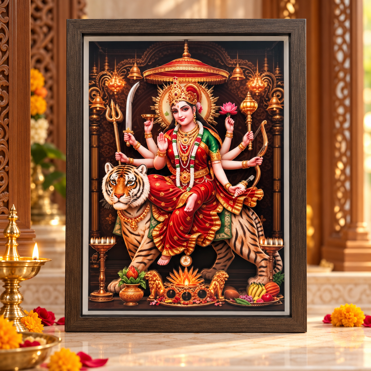 Durga Mata 3D-Style Devotional Photo Frame with Tiger – Brown Wooden-Style Frame | Goddess Durga Religious Prayer Room & Home Décor | Size: 12" (250 × 350mm) | Model No. ZXA-SXBM-06 | 9351235062686