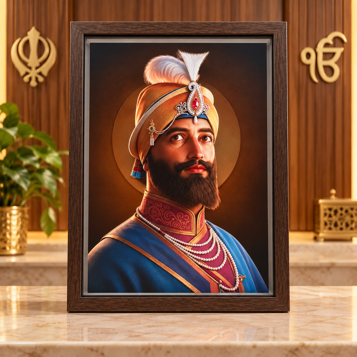 Guru Gobind Singh Ji 3D-Style Devotional Photo Frame – Brown Wooden-Style Frame | Sikh Guru Religious Prayer Room & Home Décor | Size: 12" (250 × 350mm) | Model No. ZXA-SXBM-08 | 9351235062693