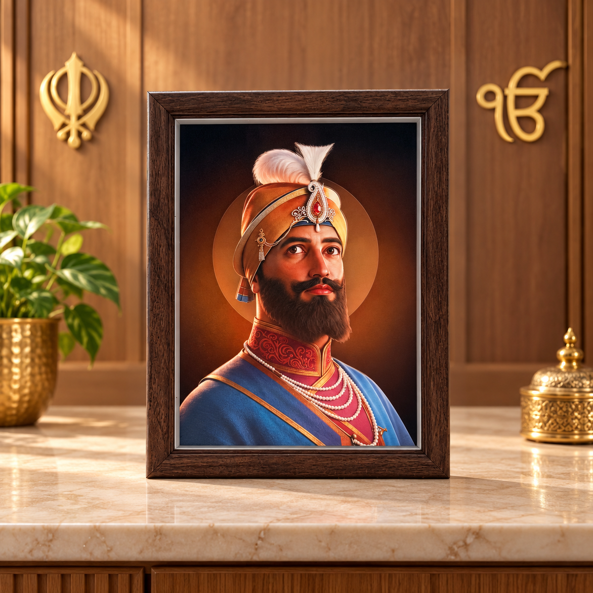 Guru Gobind Singh Ji 3D-Style Devotional Photo Frame – Brown Wooden-Style Frame | Sikh Guru Religious Prayer Room & Home Décor | Size: 8" (170 × 220mm) | Model No. ZXA-SXBM-03 | 9351235062648