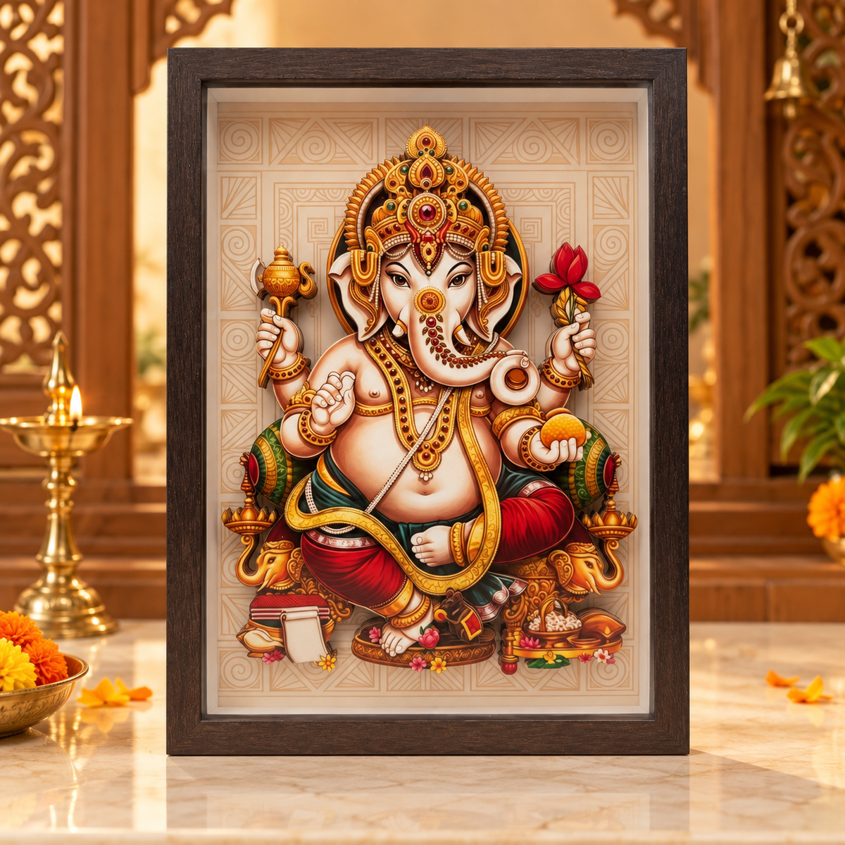 Ganesh Ji 3D-Style Devotional Photo Frame – Brown Wooden-Style Frame | Lord Ganesha Religious Prayer Room & Home Décor | Size: 12" (250 × 350mm) | Model No. ZXA-SXBM-07 | 9351235062662
