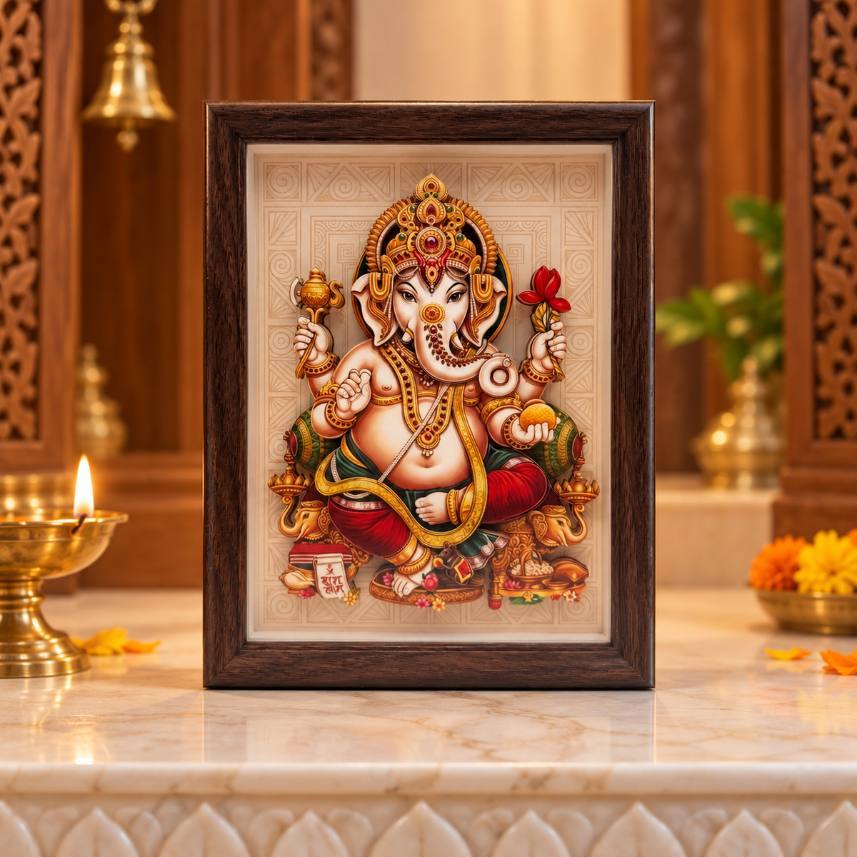Ganesh Ji 3D-Style Devotional Photo Frame – Brown Wooden-Style Frame | Lord Ganesha Religious Prayer Room & Home Décor | Size: 8" (170 × 220mm) | Model No. ZXA-SXBM-02 | 9351235062617