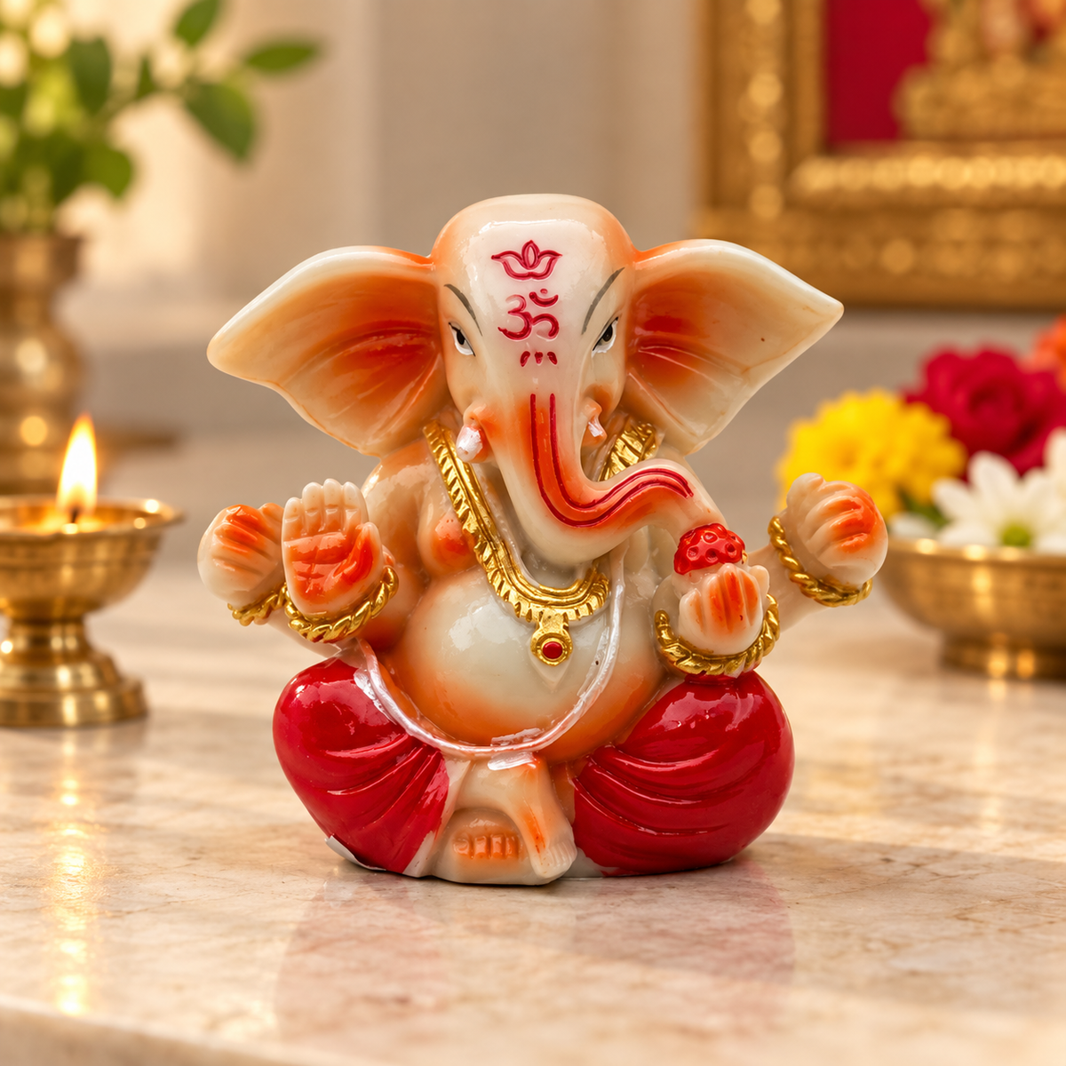 Mini Lord Ganesha Decorative Idol – White, Red & Gold | Seated Ganpati Pooja & Home Décor Statue | Size: 4.5 × 3 × 5cm (1.77" × 1.18" × 1.97") | Model No. 33666-6 | 9351235062129