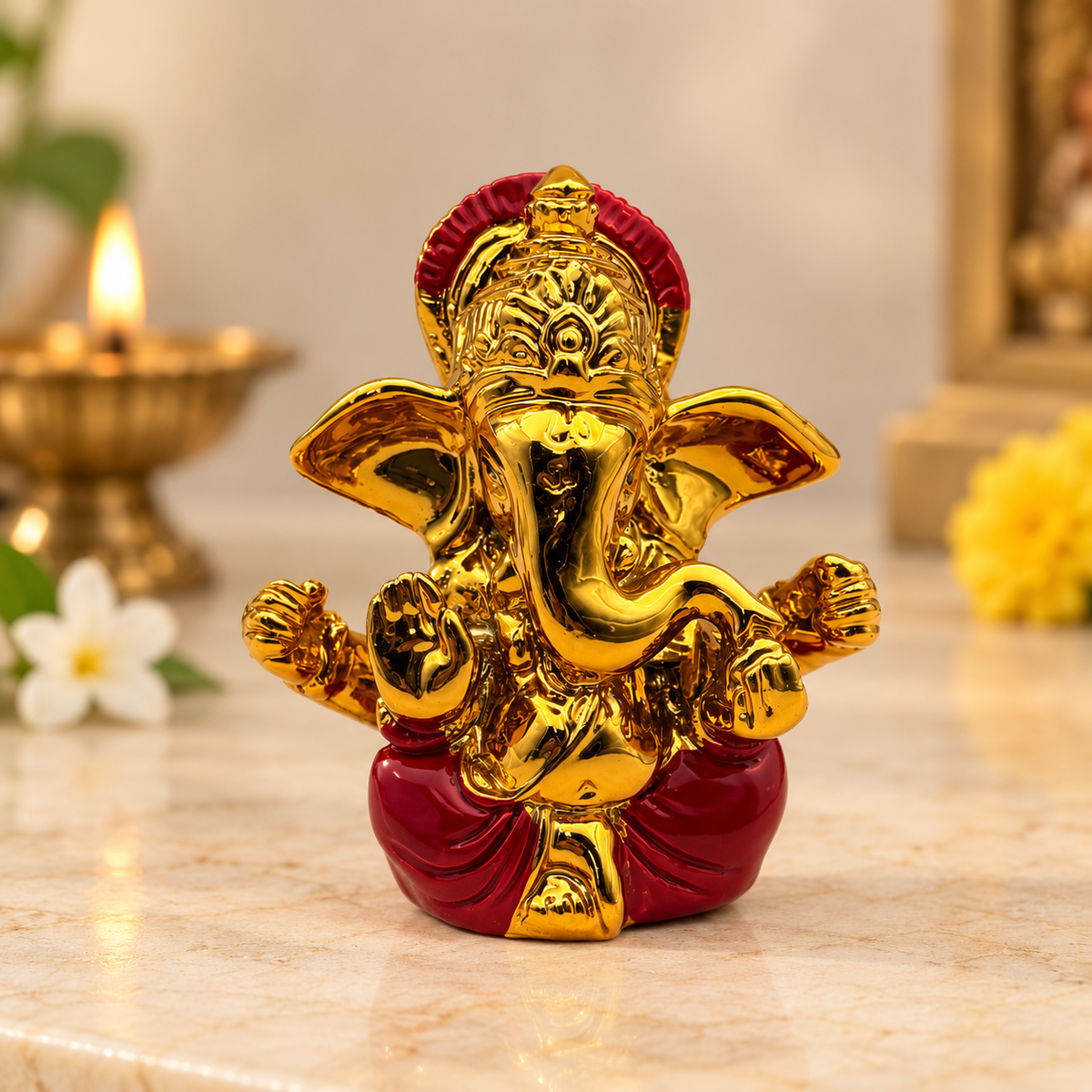 Mini Lord Ganesha Decorative Idol – Deep Red & Gold | Seated Ganpati Pooja & Home Décor Statue | Size: 6 × 3 × 7cm (2.36" × 1.18" × 2.75") | Model No. 2593B-1GC | 9351235061986