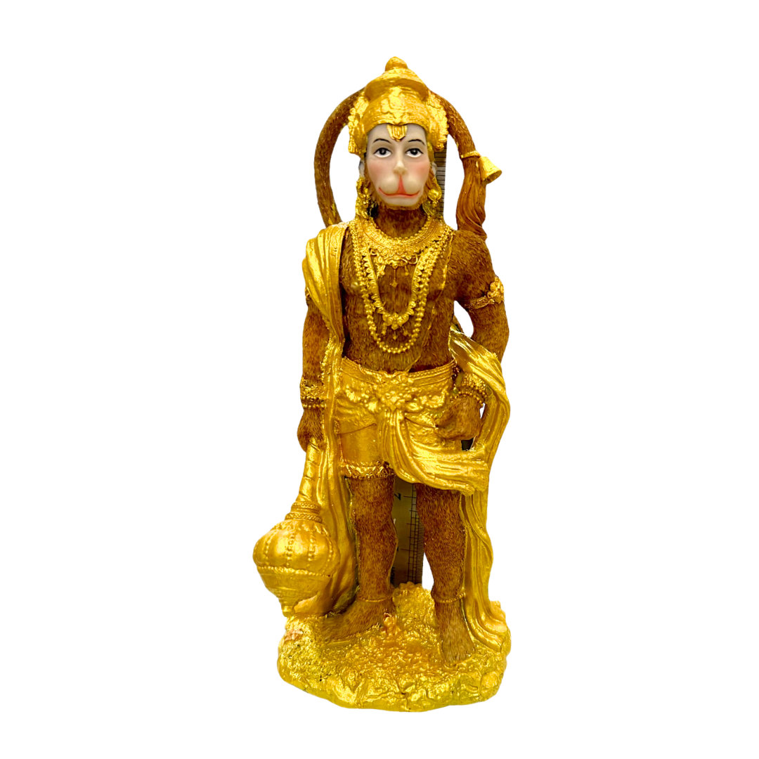 Standing Hanuman Idol/ Statue/ Murti – Golden Finish with Gada Idol | 9 x 6.5 x 22cm (3.54in x 2.56in x 8.66in) | GOD F042 - 9351235055404/ 6920251040140