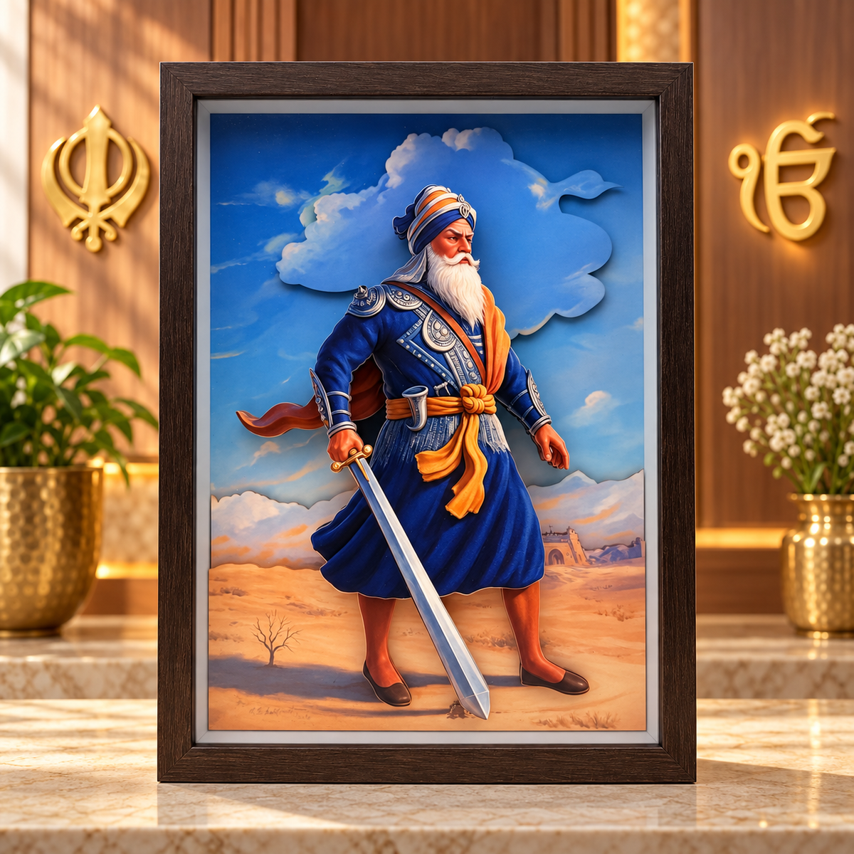 Baba Deep Singh Ji 3D-Style Devotional Photo Frame – Brown Wooden-Style Frame | Sikh Warrior Religious Prayer Room & Home Décor | Size: 12" (250 × 350mm) | Model No. ZXA-SXBM-10 | 9351235062679