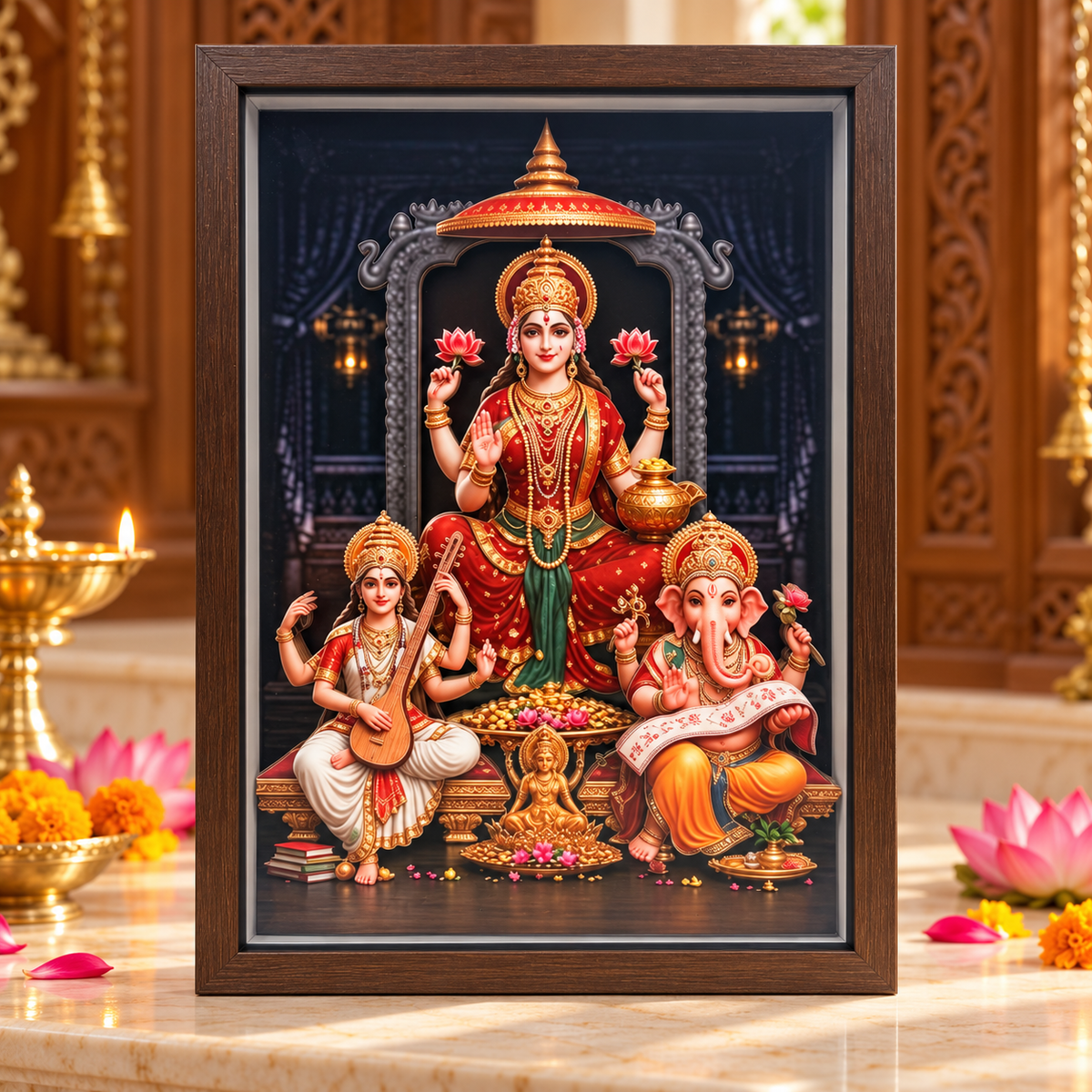 Lakshmi Mata, Ganesh Ji & Saraswati Mata 3D-Style Devotional Photo Frame – Brown Wooden-Style Frame | Hindu Gods Religious Prayer Room & Home Décor | Size: 12" (250 × 350mm) | Model No. ZXA-SXBM-09 | 9351235062709