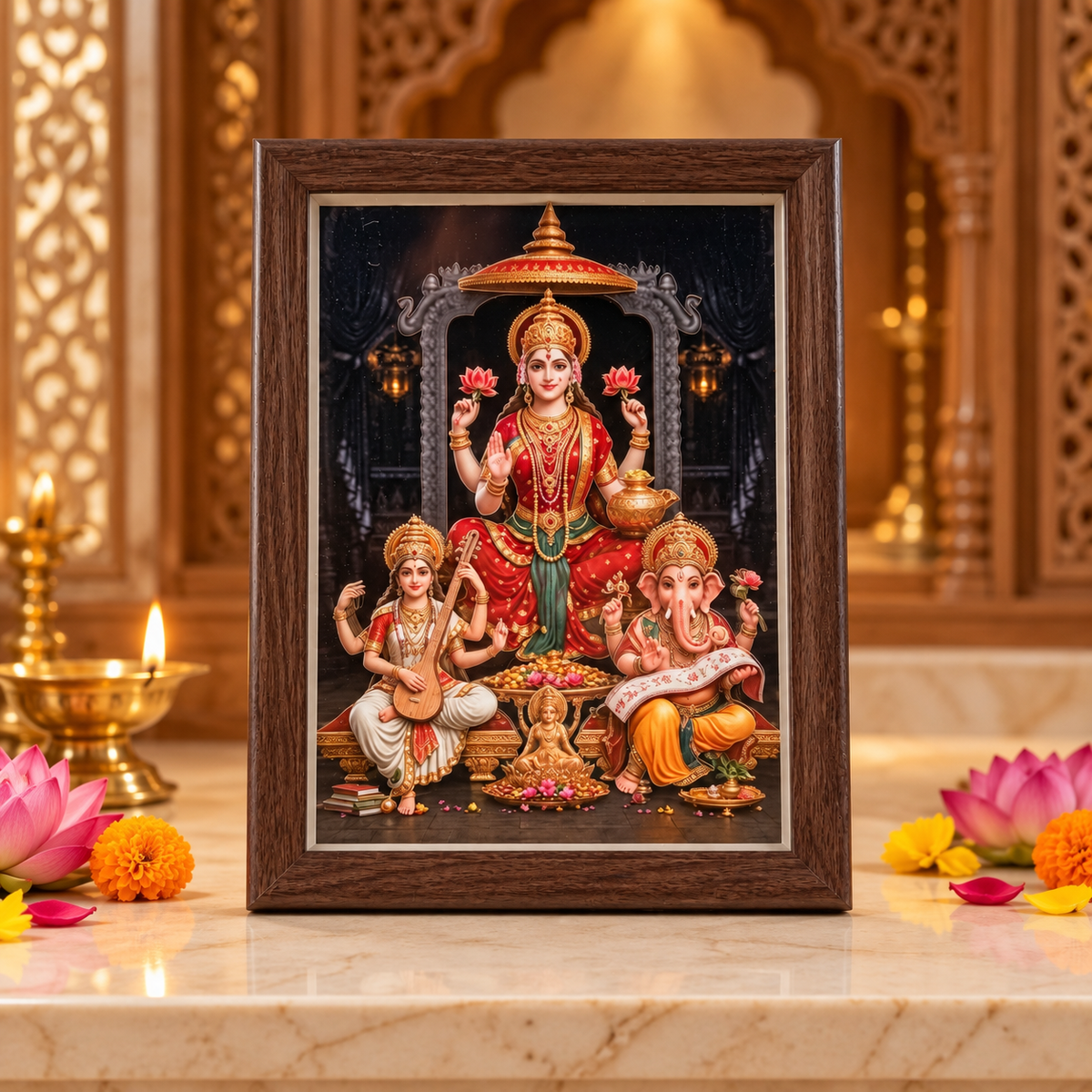Lakshmi Mata, Ganesh Ji & Saraswati Mata 3D-Style Devotional Photo Frame – Brown Wooden-Style Frame | Hindu Gods Religious Prayer Room & Home Décor | Size: 8" (170 × 220mm) | Model No. ZXA-SXBM-04 | 9351235062655