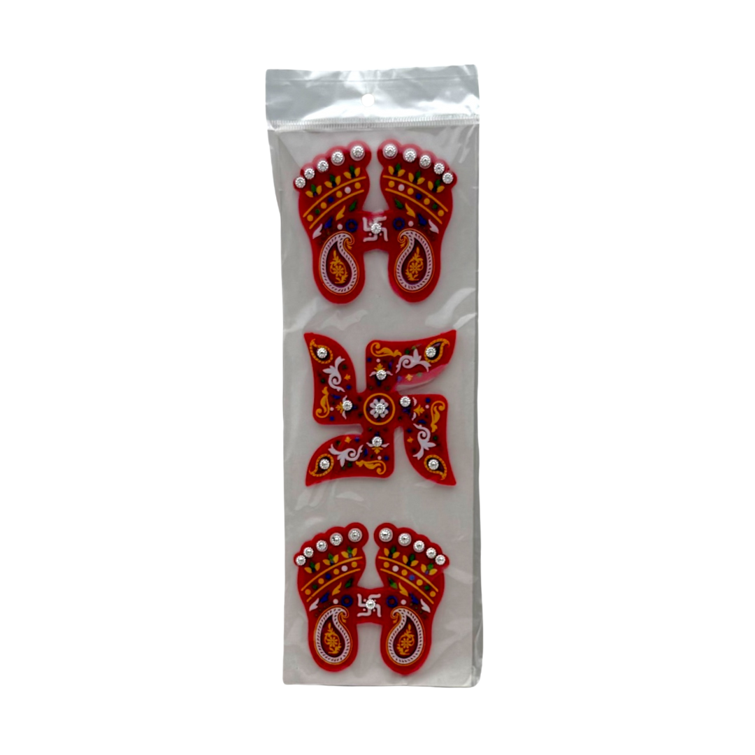 Acrylic Laxmi/ Lakshmi Charan Paduka Sticker/ Red & Golden with 2 Set Paduka & 1 Swastik Design Decorative Diwali Set- Size 3'' - 9351235051604