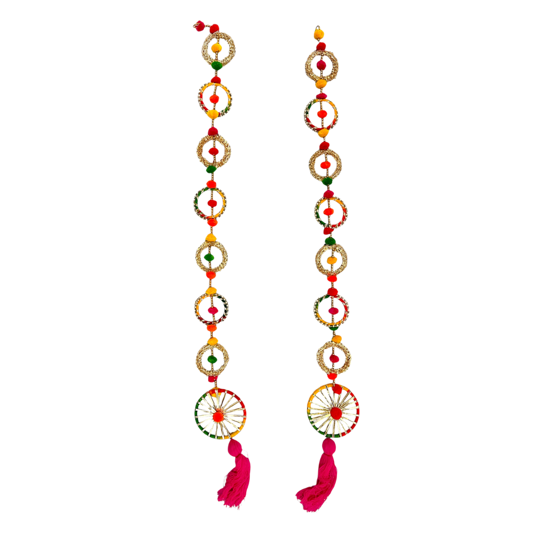 Traditional Swastik & Wheel Design Toran with Multicolour Pom Pom Garland/ Toran Door Hanging Wandhanwaar/ Latkan for Decoration (Set of 2) (Style No 2)- 9351235058542
