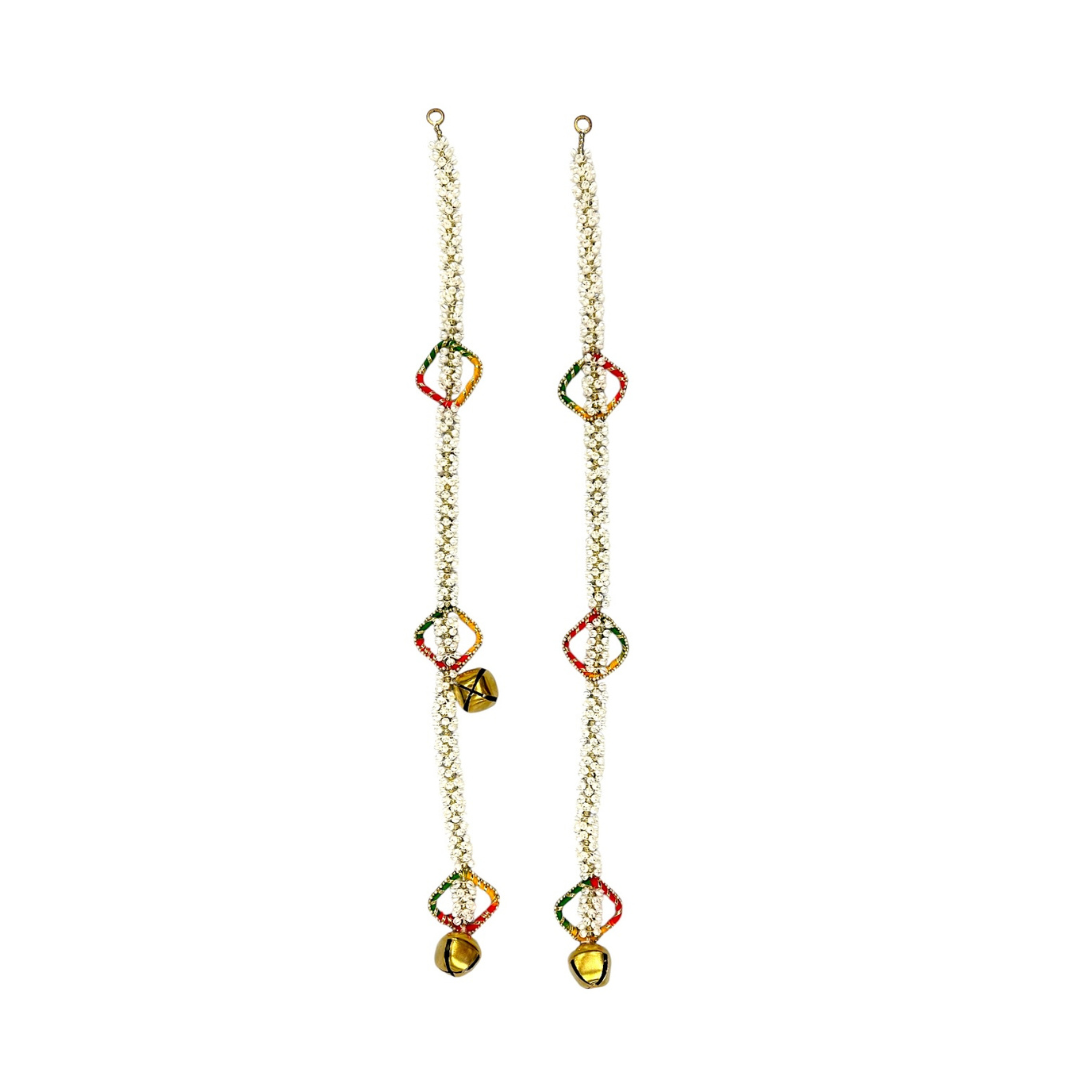 Traditional White Floral Toran with Golden Bell & Beaded Diamond Rings Pom Pom Garland/ Toran Door Hanging Wandhanwaar/ Latkan for Decoration (Set of 2) (Style No 6)- 9351235058580