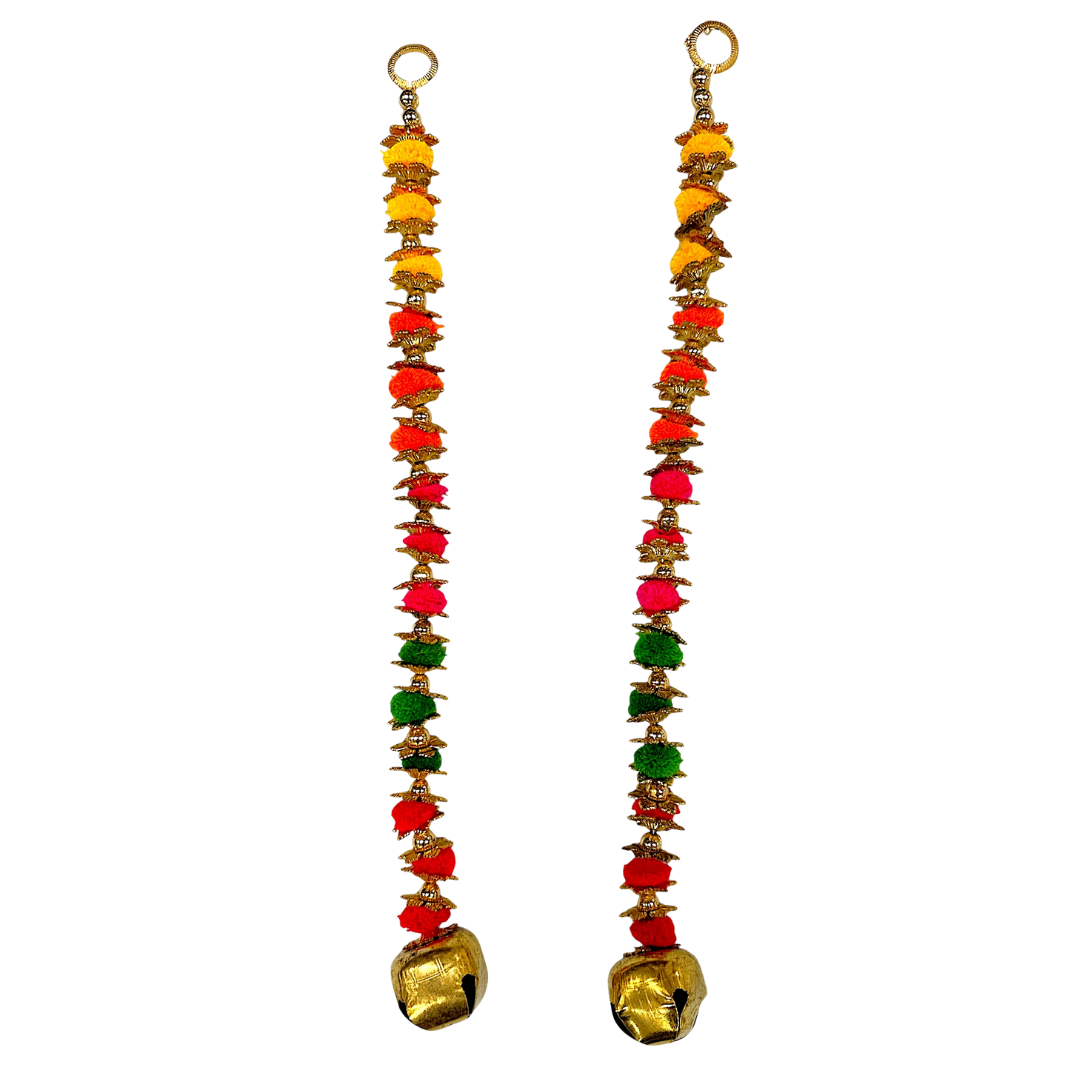 Traditional GoldenBell Toran with Multicolour Pom Pom Garland/ Toran Door Hanging Wandhanwaar/ Latkan for Decoration (Set of 2) (Style No 10)- 9351235058627