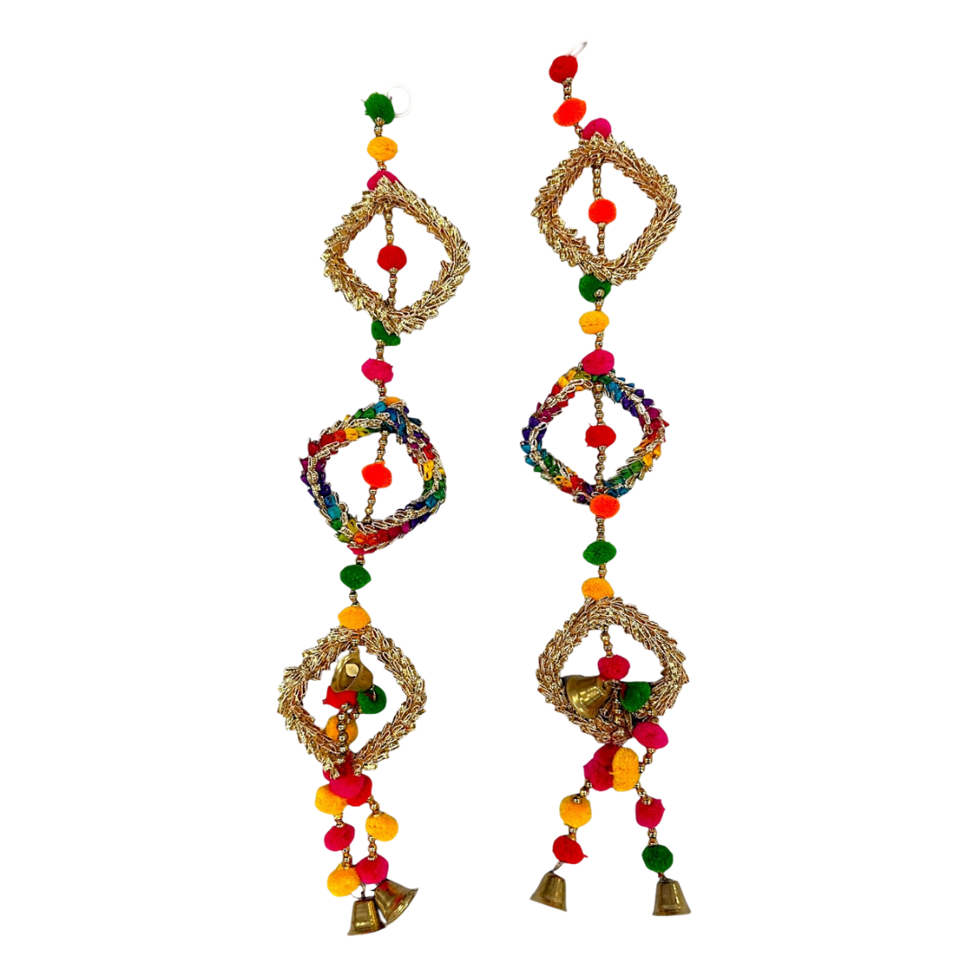Golden Diamond Shaped Toran with Bells Multicolour Pom Pom Garland/ Door Hanging Wandhanwaar/ Latkan for Decoration (Set of 2) (Style No 9)- 9351235058610