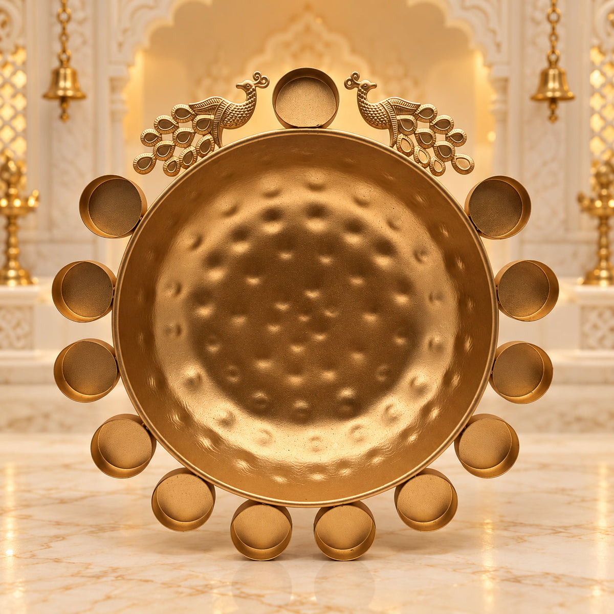 Decorative Diya Urli Bowl with Peacock Border – 14" | Traditional Indian Floating Diya & Flower Decoration | Diwali, Pooja & Festive Home Décor | 9351235063263