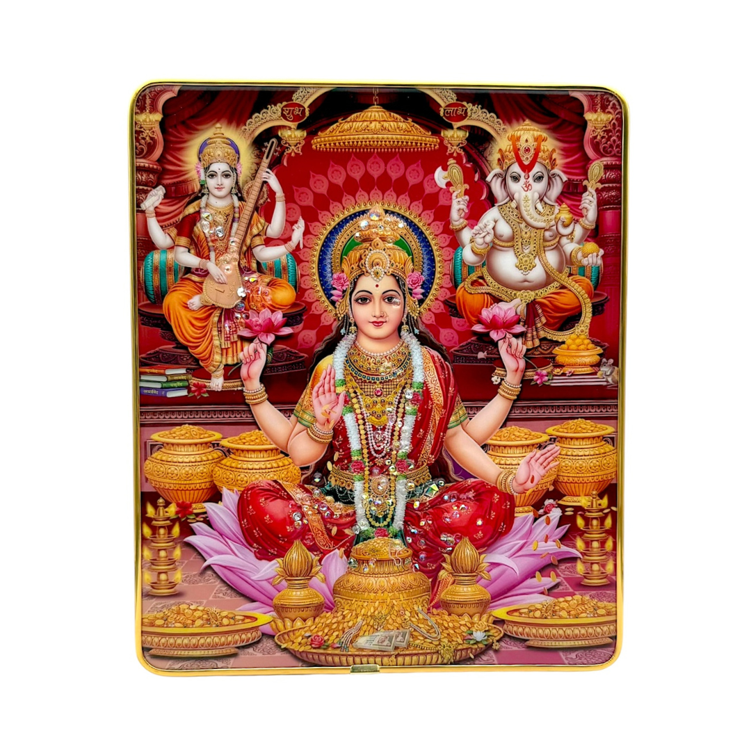 Laxmi Ganesh Saraswati Photo Frame – Divine Trio Blessings | 20*24cm (8"*9.5") | Decorative Painting JC2024B-3 with Stand - 9351235056791