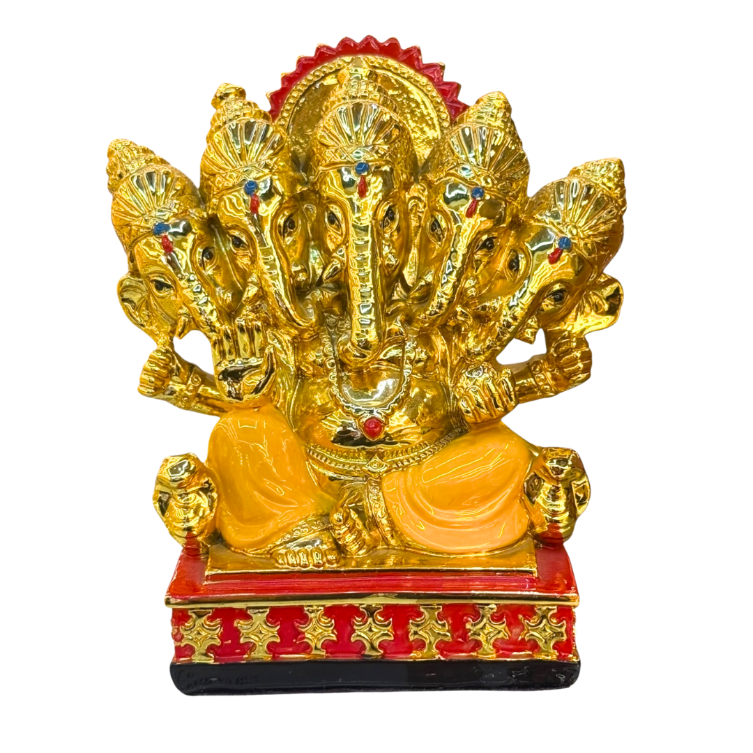 Panchmukhi Ganesh Idol/ Statue/Murti – Golden Finish with Red Base | 12*8*13CM(4.72in x 3.15in x 5.12in) | GOD 2629-1GC - 9351235055800