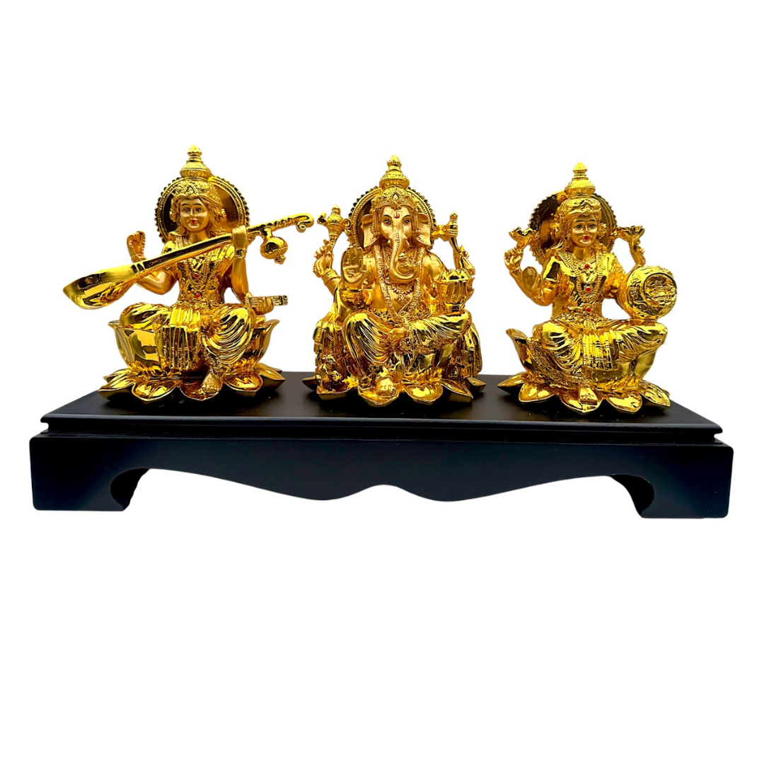Golden Set of Ganesh, Lakshmi & Saraswati on Black Base Idol/ Statue/Murti| 44*15*25CM (17.32in x 5.91in x 9.84in) | GOD T2201 - 935123505588