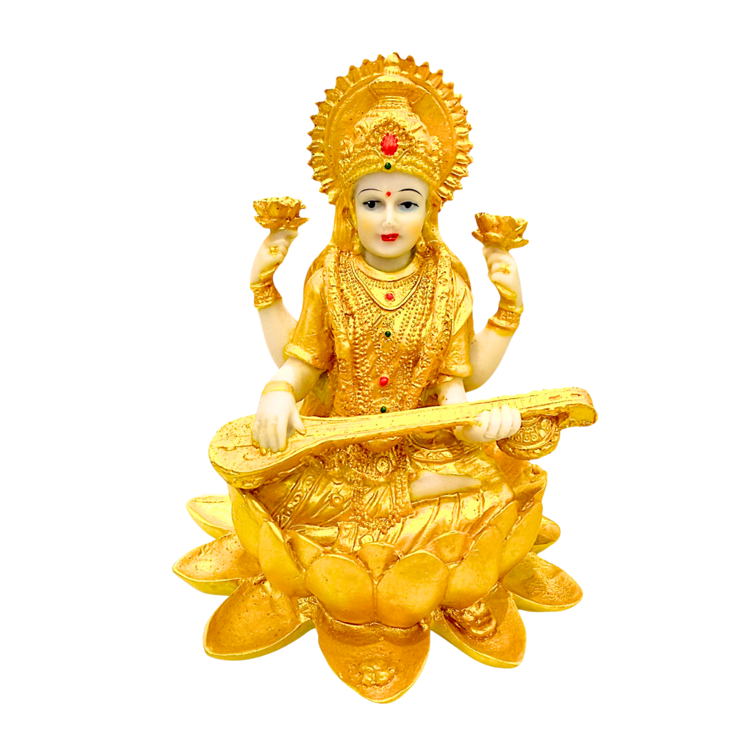 Saraswati Mata Idol/ Statue/ Murti – Gold Finish on Lotus Idol | 12 x 12 x 15cm (4.72in x 4.72in x 5.91in) | GOD F165 - 9351235055350