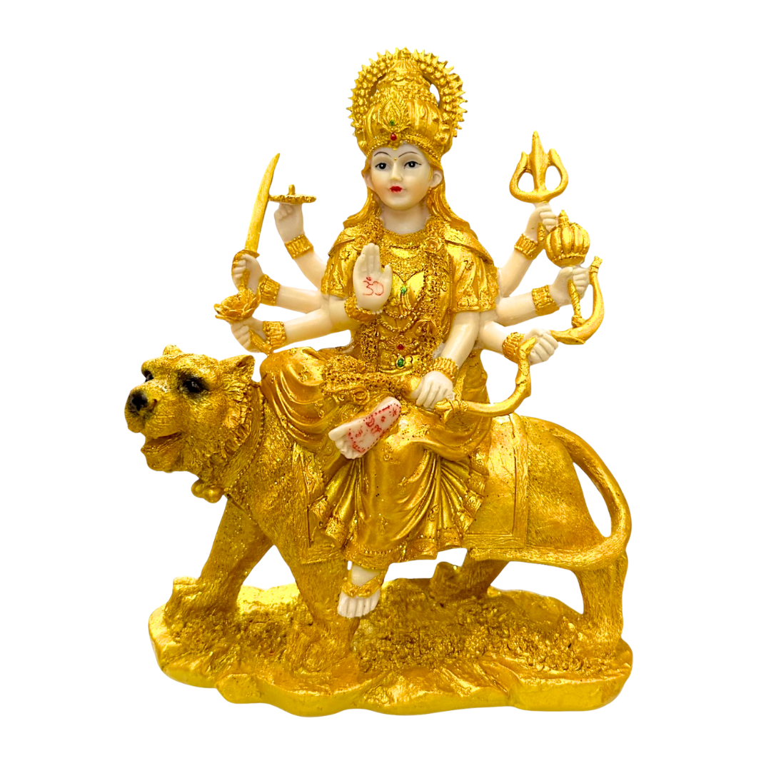 Golden Durga Mata – Seated on Lion Idol/ Statue/ Murti | 18 x 7x22.5cm (7.09in x 2.76in x 8.86in) | GOD F129 - 9351235055367