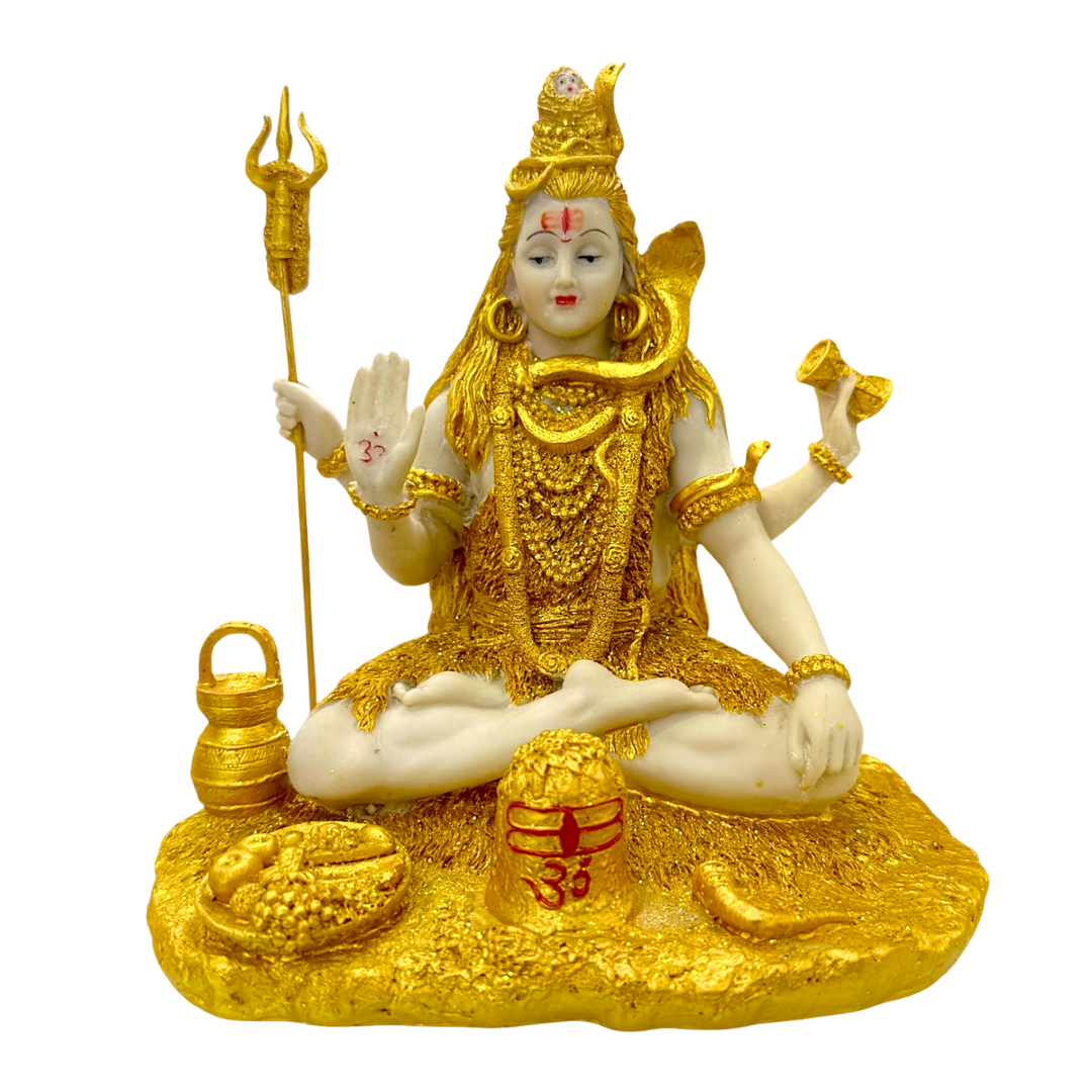 Golden Shivji Statue – Seated Meditation with Trishul & Damru Idol/ Statue/ Murti | 20 x 16 x 20cm (7.87in x 6.3in x 7.87in) | GOD F197 - 9351235055596