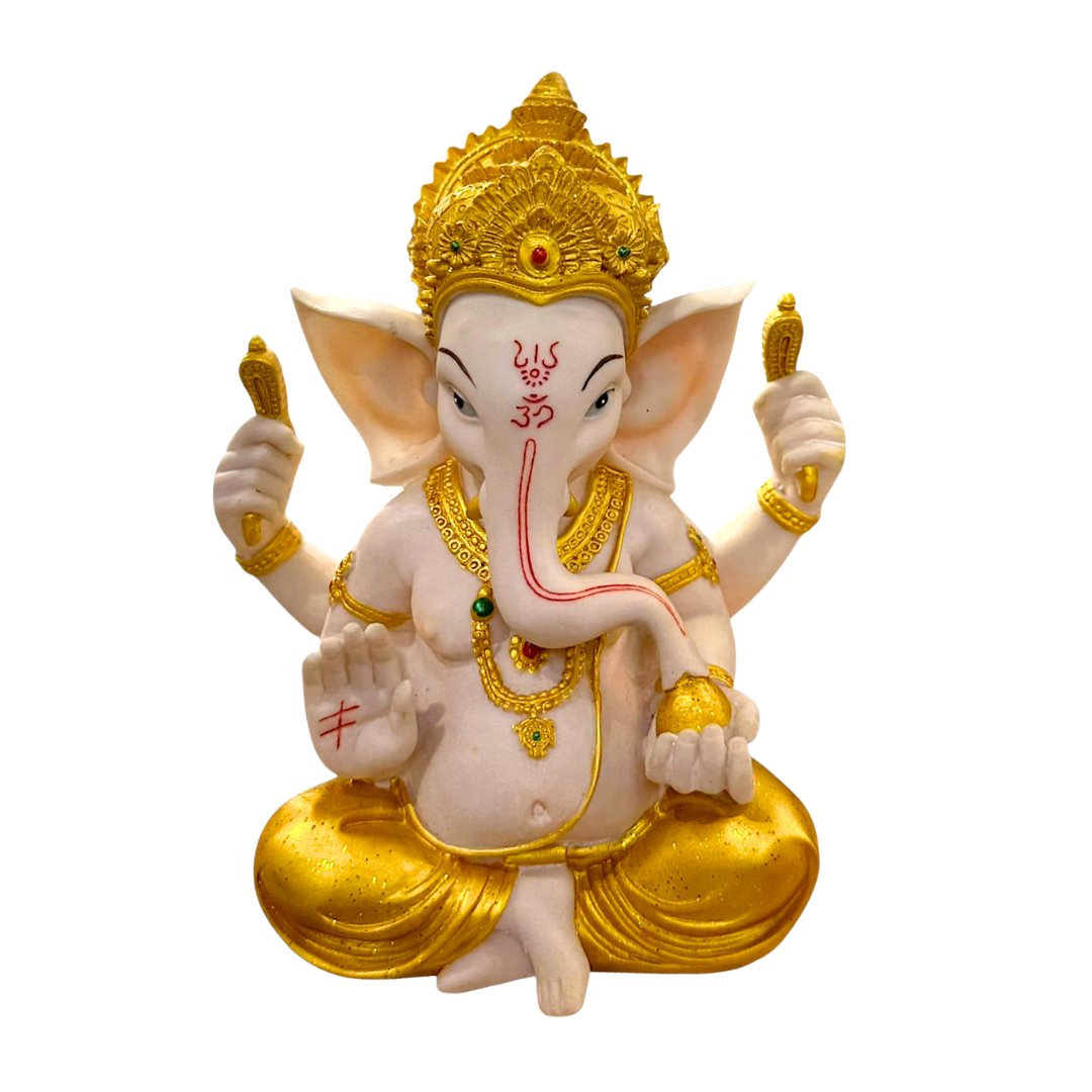 Lord Raja Ganesha – Gold Crown & Blessing Hand Pose Idol/ Statue/ Murti | 20 x 12 x 24cm (7.87in x 4.72in x 9.45in) | GOD F103 - 9351235055527