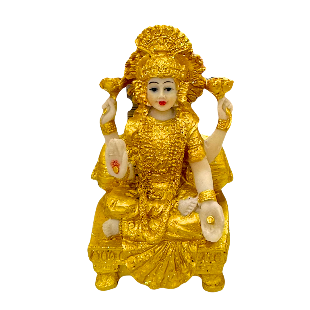 Golden Lakshmi – Seated on Throne with Lotus Idol/ Statue/Murti | 6.5 x 6x11cm (2.56in x 2.36in x 4.33in) | GOD F272 - 9351235055428