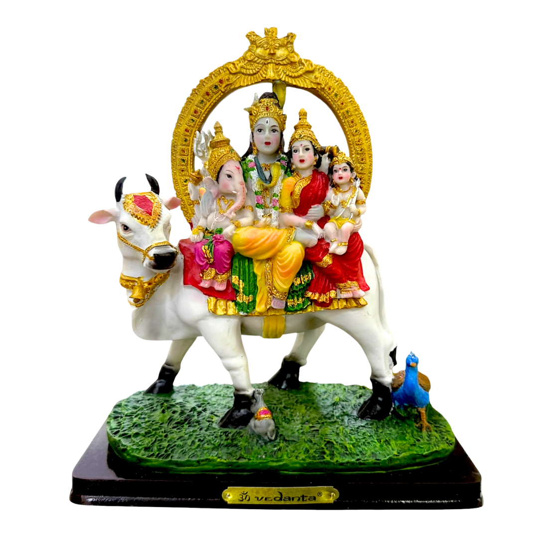 Shiv Parivar – Seated on Cow with Lakshmi, Ganesh & Kartikeya Idol/ Statue/ Murti | 17.5 x 8.5 x 20.5cm (6.89in x 3.35in x 8.07in) | GOD YXD217 - 9351235055480