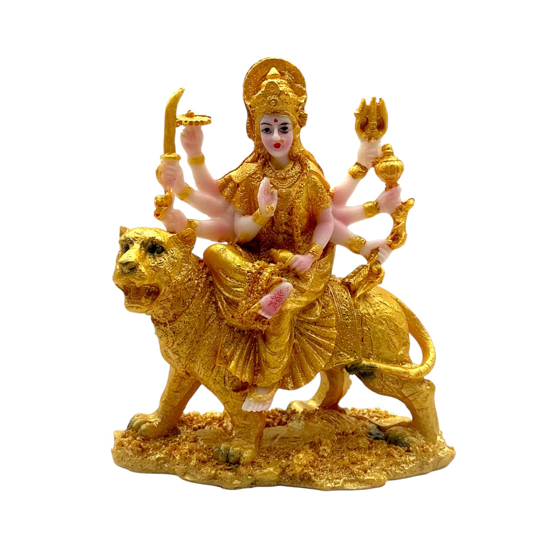 Golden Durga Mata – Seated on Lion Idol/ Statue/Murti | 20 x 12 x 24cm (7.87in x 4.72in x 9.45in) | GOD F133 - 9351235055503