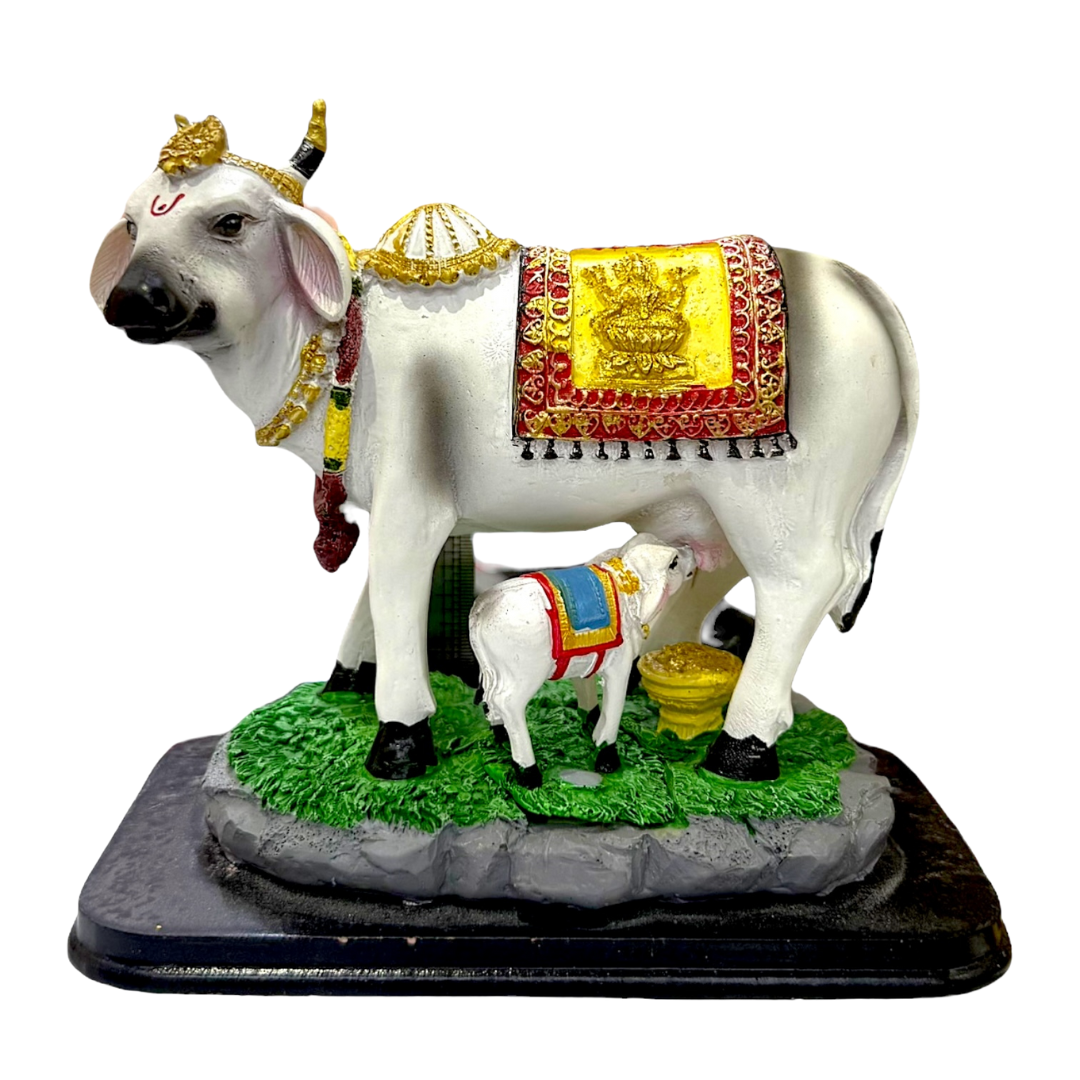 Kamdhenu Cow & Calf – Prosperity Symbol Idol/ Statue/ Murti | 13.5 x 8x13.5cm (5.31in x 3.15in x 5.31in) | GOD YXE224 - 9351235055343/ 6920251040089