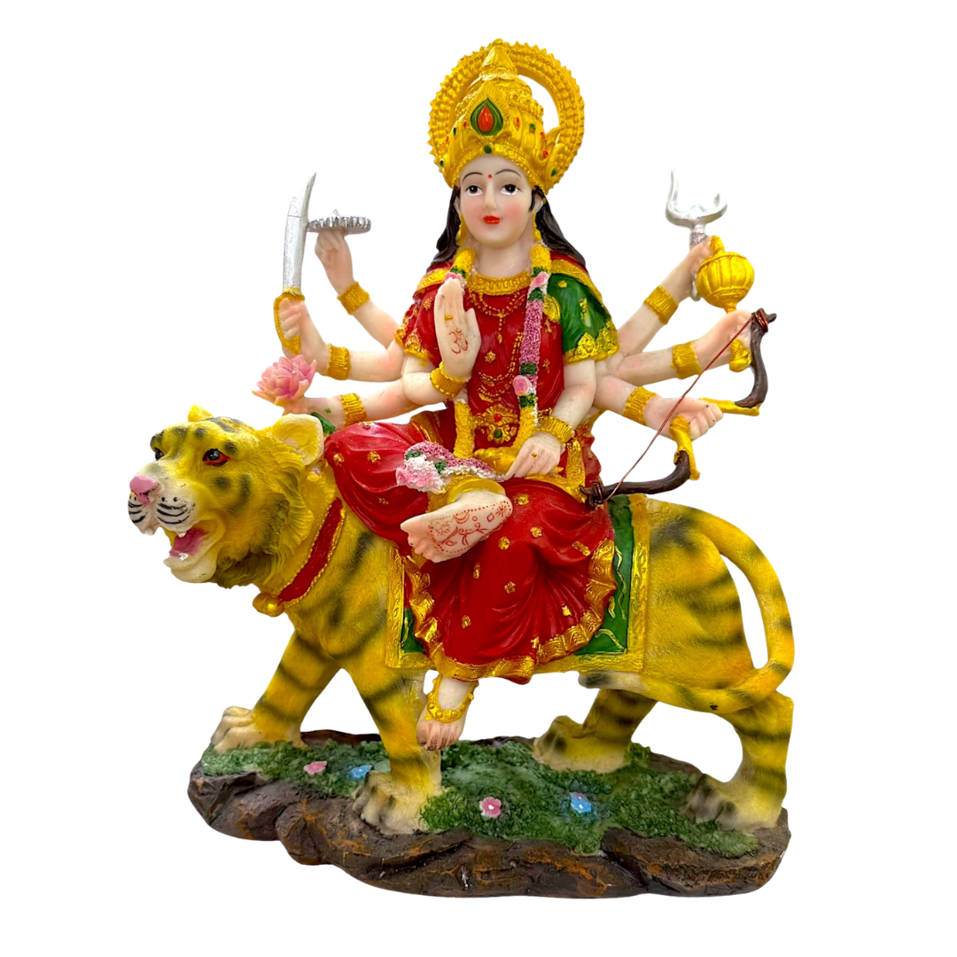 Maa Durga on Tiger – Warrior Goddess Idol/ Statue/ Murti | 24 x 10 x 30.5cm (9.45in x 3.94in x 12.01in) | GOD YXE008 - 935123505528