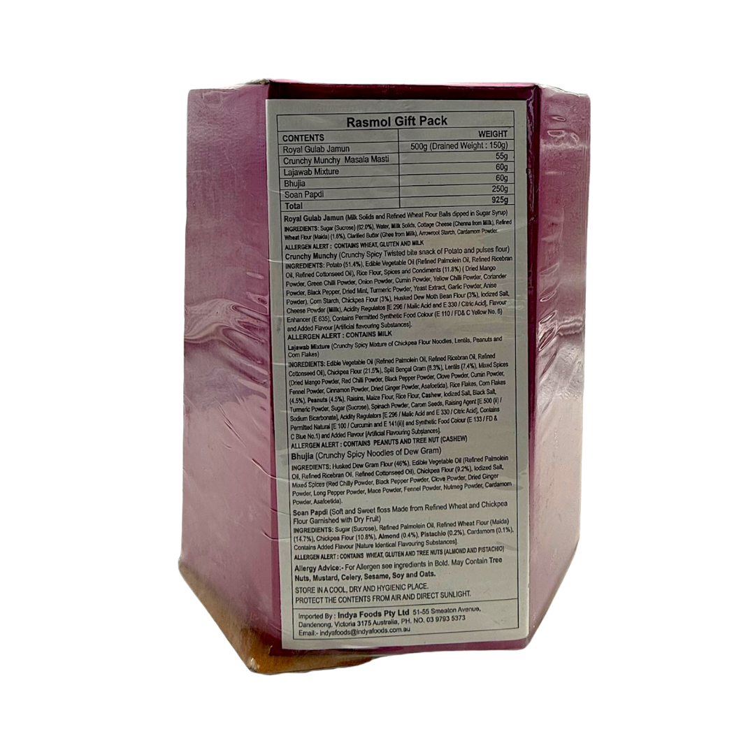Bikano Rasmol Gift Pack 925gm (With Crunchy Munchy 55g, Bhujia 60g, Lajawab Mixture 60g, Soan Papdi 25g, Gulabjamun 500g