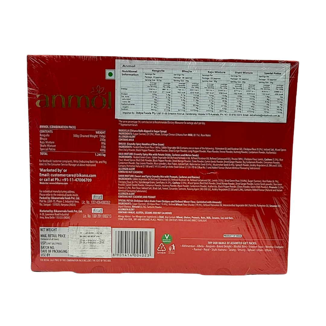 Bikano Anmol Gift Pack 1.245kg (Bikaneri Bhujia 200g, Kaju Mixture 80g, Shahi Mixture 65g, Patisa 400g, Royal Rasgulla 500g)