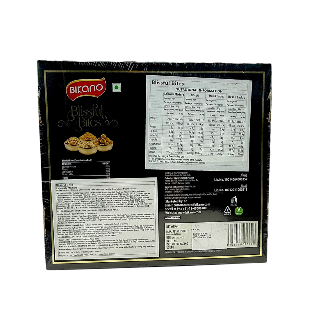 Bikano Blissful Bites Gift Pack 1kg (Bikaneri Bhujia 200g, Bikano Lajawab Mixture 200g, Besan Laddu Spl 400g, Premium Jeera Cookies 200g)