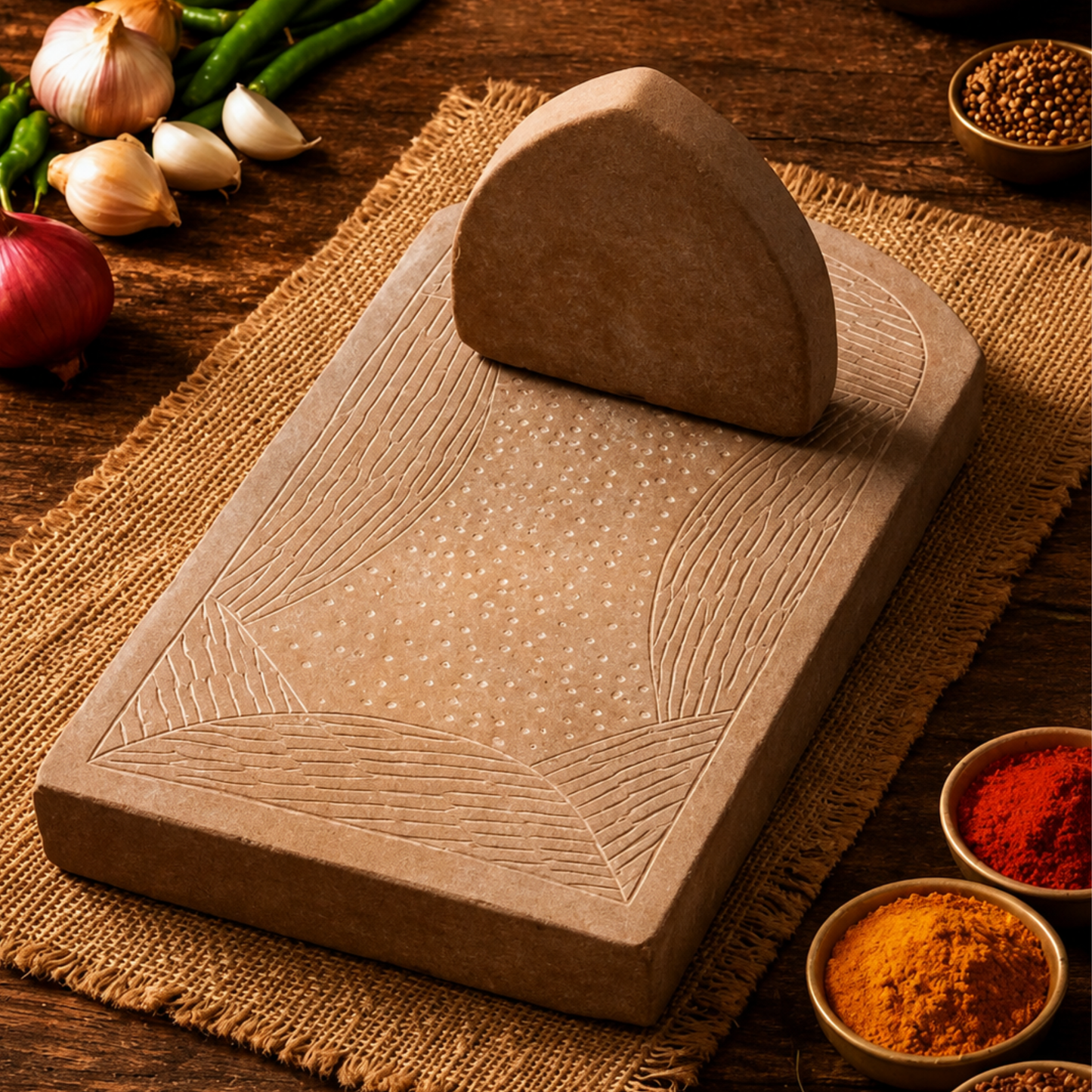 Stone Silbatta 2-Piece Set – Big Arch | Traditional Indian Grinding Stone | Sil Batta & Grinding Pestle