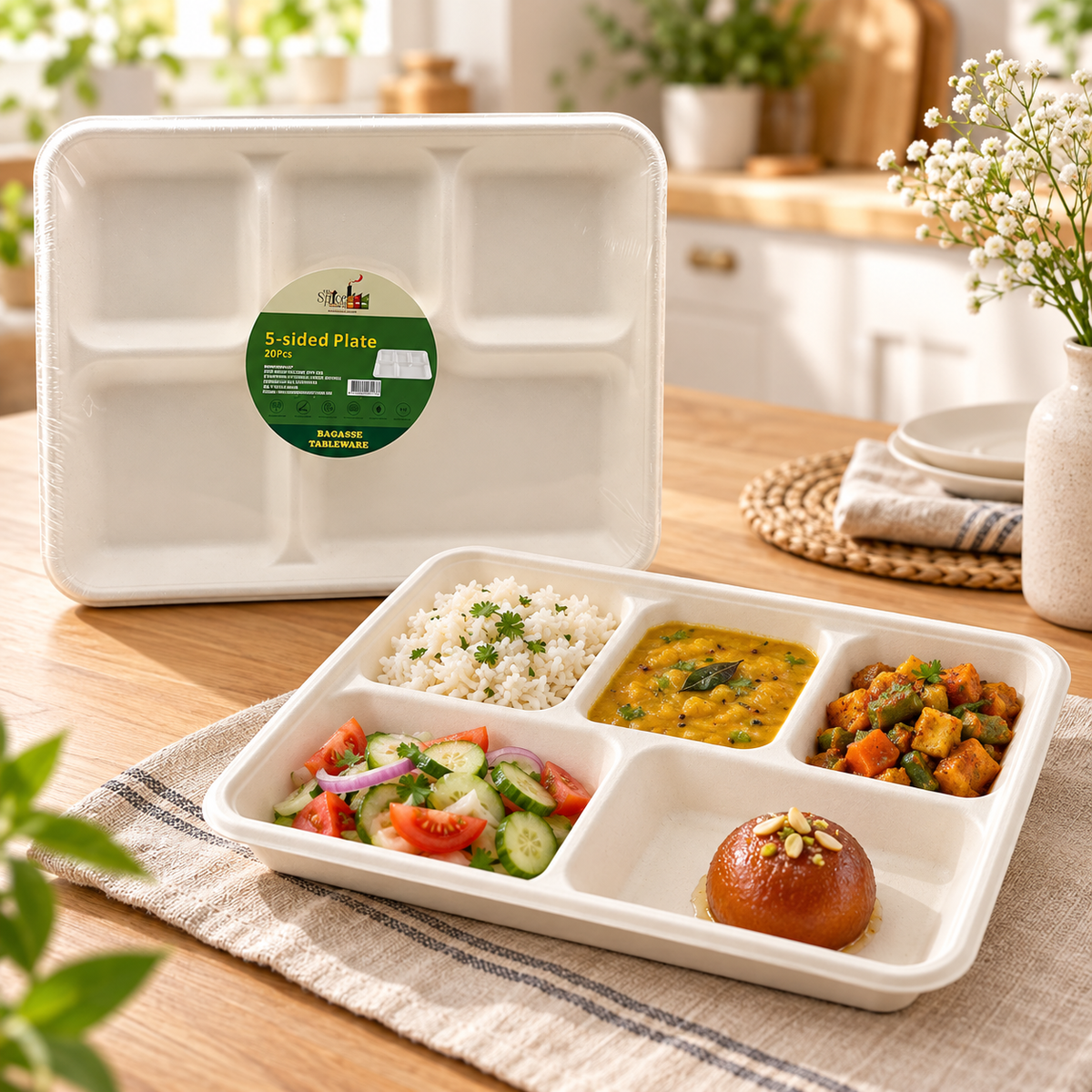 The Spice Factory Bagasse 5-Compartment Meal Trays – Pack of 20 | Eco-Friendly Disposable Food Plates | Microwave Safe | 9351235062433