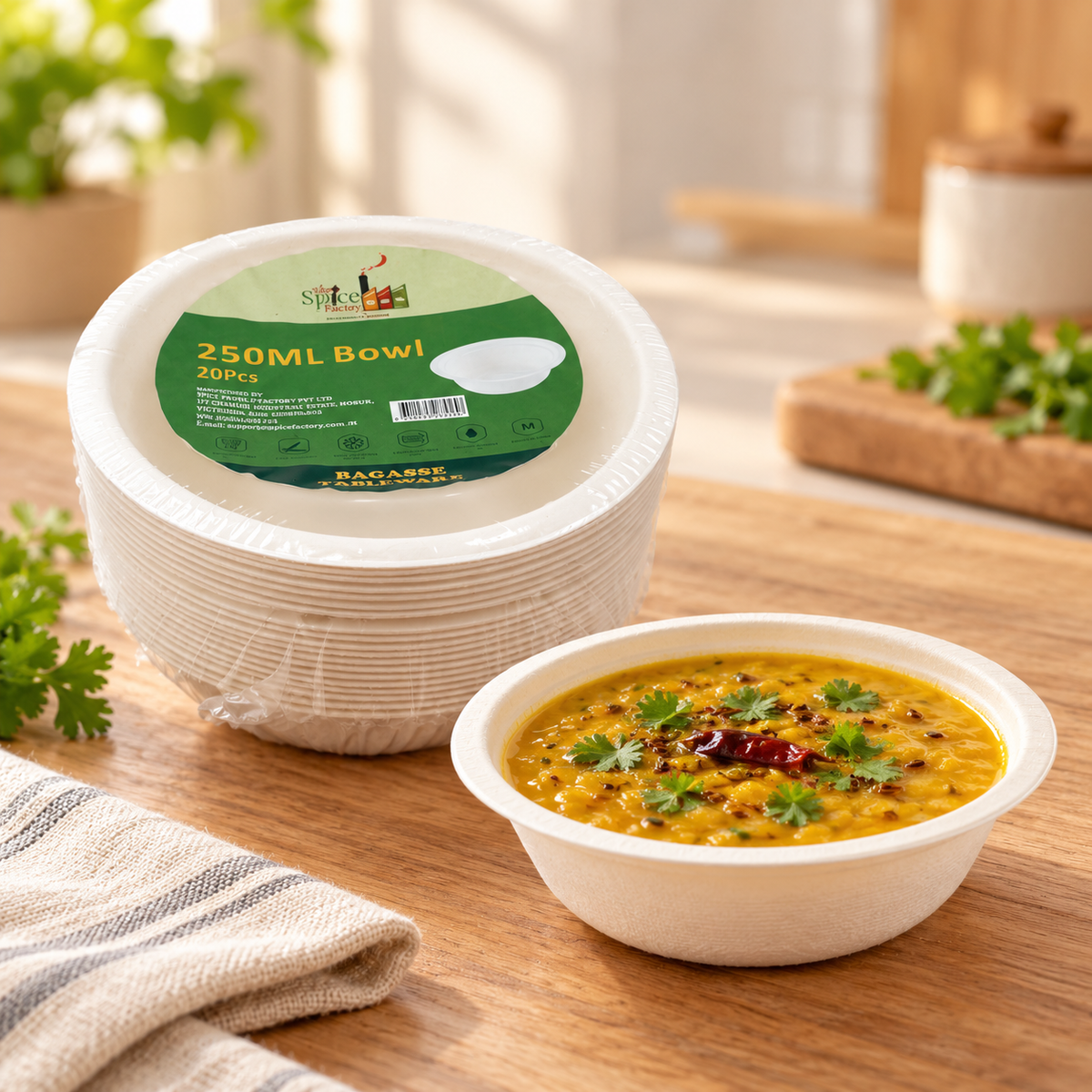 The Spice Factory Bagasse Bowls 250ml – Pack of 20 | Eco-Friendly Disposable Food Bowls | Microwave Safe | 9351235062457