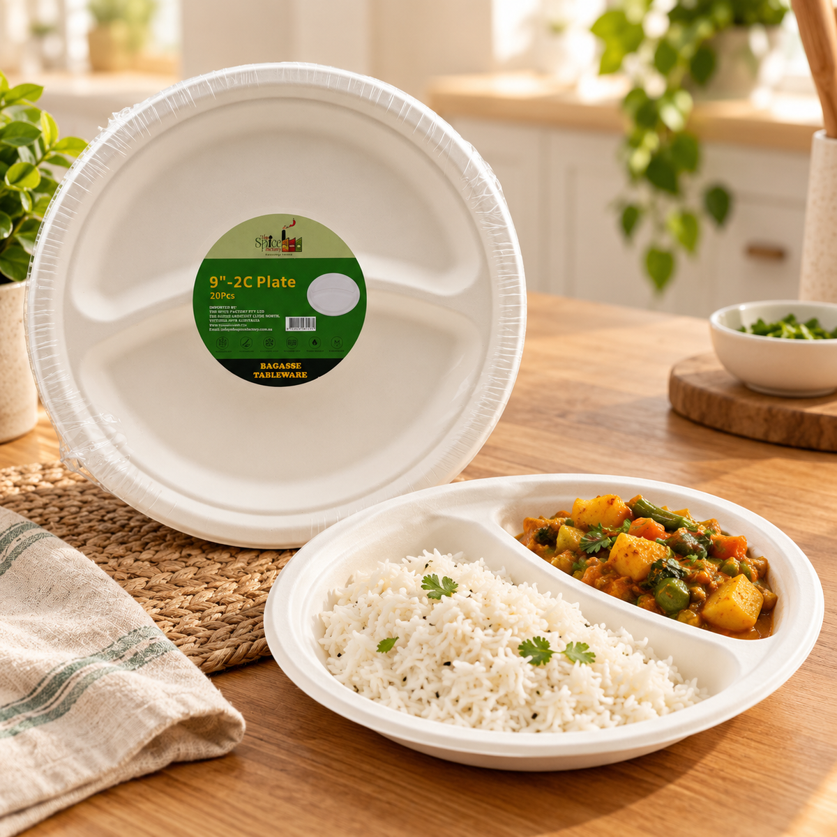 The Spice Factory Bagasse Round Plates 9" with 2 Compartments – Pack of 20 | Eco-Friendly Disposable Food Plates | Microwave Safe | 9351235062471