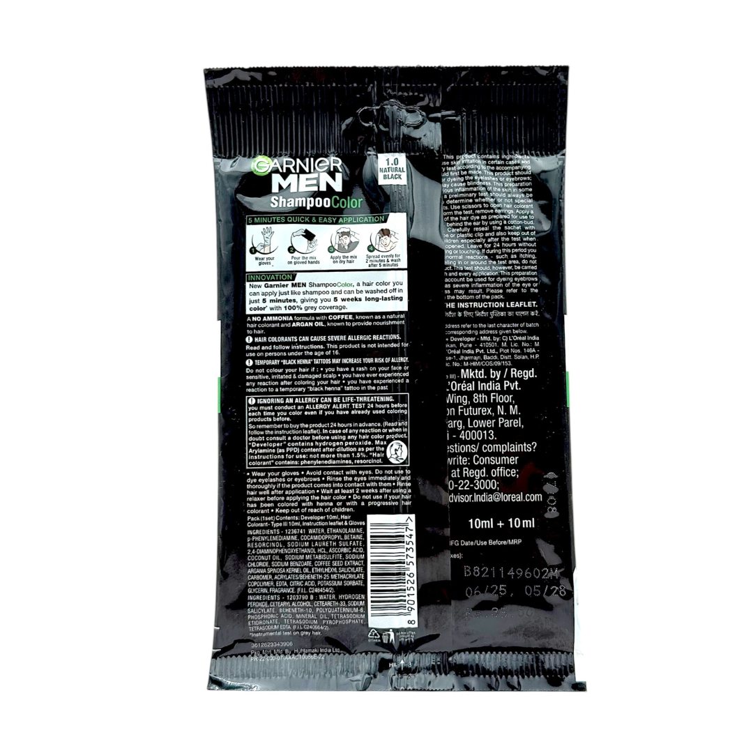 Garnier Men Shampoo Based Hair Colour | 1.0 Natural Black | 100% Grey Coverage | 5 Weeks long lasting | No Ammonia 10ml + 10ml