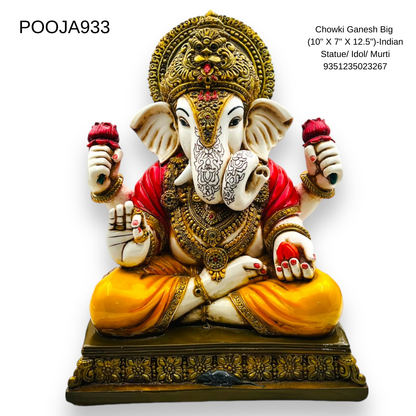 Chowki Ganesh Big (10" X 7" X 12.5")-Indian Statue/ Idol/ Murti
