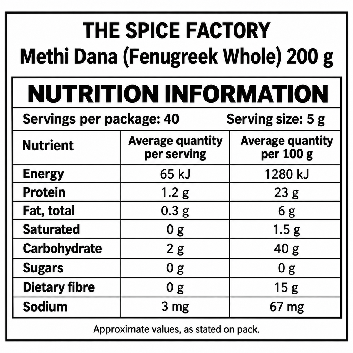 TSF Fenugreek Seeds (Methi Dana) 200g - nutrition information