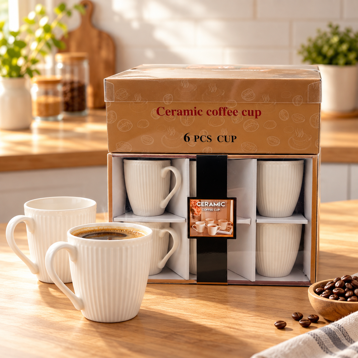 Ceramic Cups – Pack of 6 | Café-Style Design Tea & Coffee Mugs | Model No. 001 FD14-6P-C01 | 9351235062563
