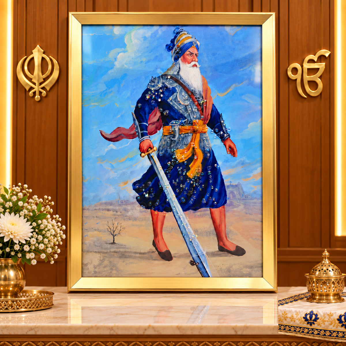 Baba Deep Singh Ji Sikh Warrior Devotional Photo Frame with Crystal Embellishments – Gold-Coloured Frame | Sikh Religious Prayer Room & Home Décor | Size: 60 × 90cm (23.62" × 35.43") | Model No. 2303-1 | 9351235062075