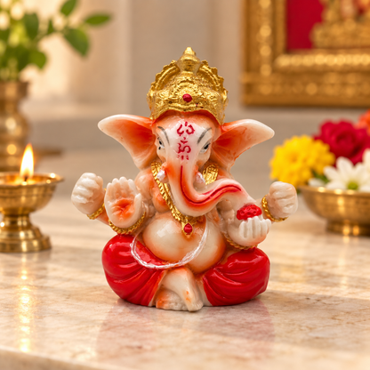 Mini Lord Ganesha Decorative Idol with Crown – White, Red & Gold | Crowned Seated Ganpati Pooja & Home Décor Statue | Size: 3.5 × 5 × 6.5cm (1.37" × 1.97" × 2.55") | Model No. 33444-6 | 9351235062112