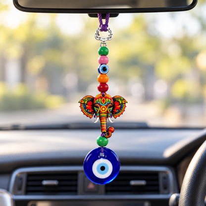 Evil Eye Colourful Ganesha Face Car Hanging Charm | Nazar Protection Hanging | Blue Evil Eye Amulet | Model No. 001 | 9351235062259