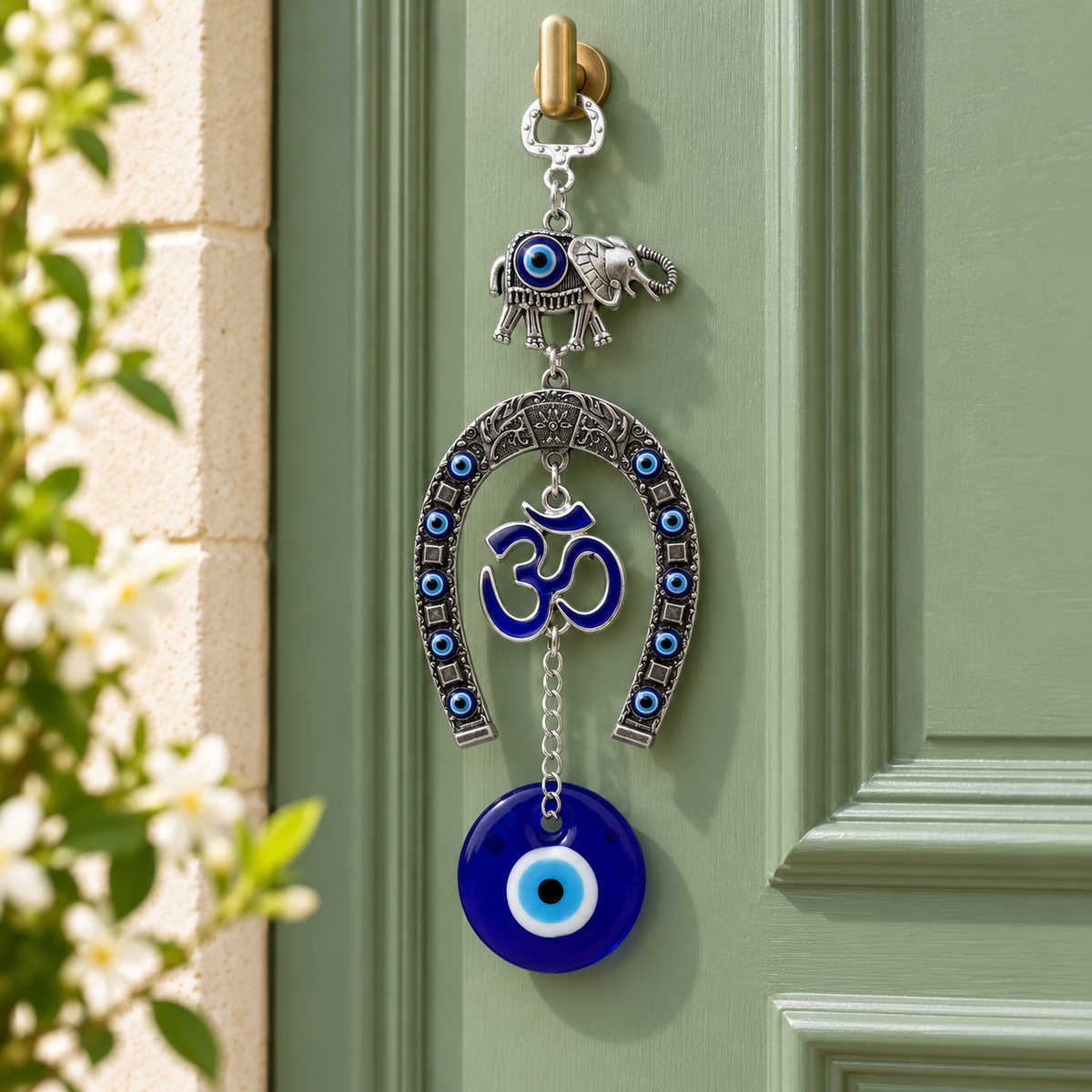 Evil Eye Om & Elephant Horseshoe Door Hanging Charm | Nazar Protection Hanging | Blue Evil Eye Amulet | Model No. 001 | 9351235062280