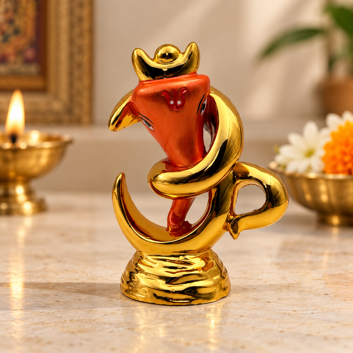 Mini Ganpati Decorative Idol – Gold & Orange | Lord Ganesha Home & Pooja Décor | Size: 5.5 × 3.5 × 8cm (2.16" × 1.37" × 3.15") | Model No. 3026 | 9351235062006