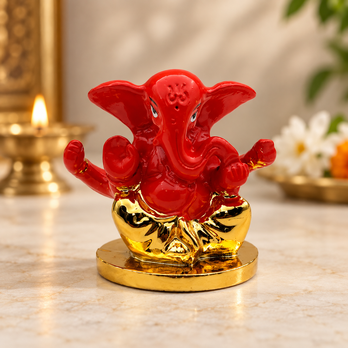 Mini Seated Lord Ganesha Idol – Deep Orange & Gold | Ganpati Pooja & Home Décor Statue | Size: 5.5 × 5.5 × 5cm (2.16" × 2.16" × 1.97") | Model No. T2636-6 | 9351235061962