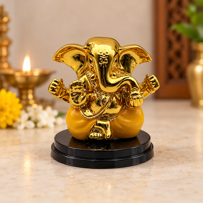 Mini Lord Ganesha Decorative Idol – Gold & Yellow | Seated Ganpati Pooja & Home Décor Statue | Size: 6.5 × 6.5 × 6.5cm (2.55" × 2.55" × 2.55") | Model No. T25938-3GC | 9351235061955